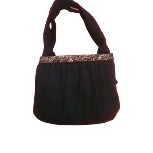 VTG 40s K & G CHARLET PARIS NEW YORK BAG Black Felt 3D Floral Metal Accents